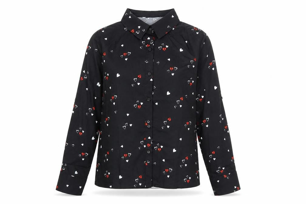 By Clara Womens Black Geometric Polyester Basic Button-Up Size M Collared - Heart Print