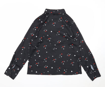 By Clara Womens Black Geometric Polyester Basic Button-Up Size M Collared - Heart Print
