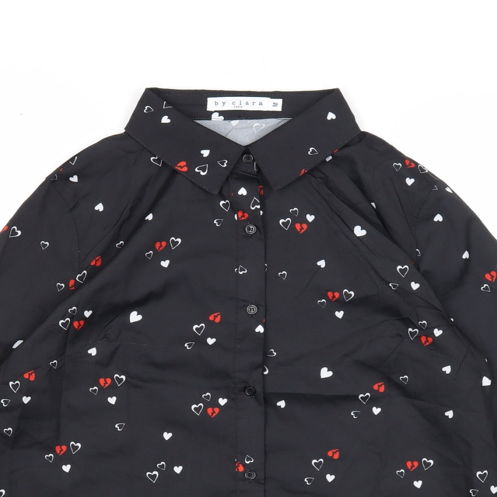 By Clara Womens Black Geometric Polyester Basic Button-Up Size M Collared - Heart Print