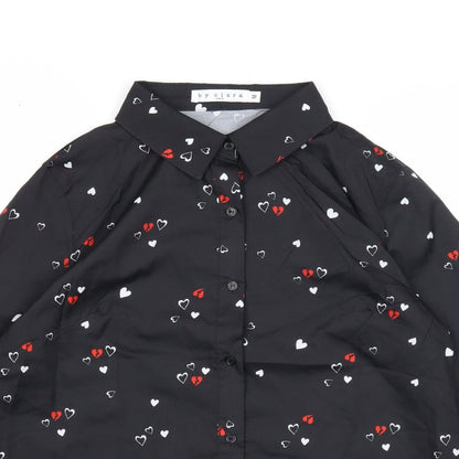 By Clara Womens Black Geometric Polyester Basic Button-Up Size M Collared - Heart Print