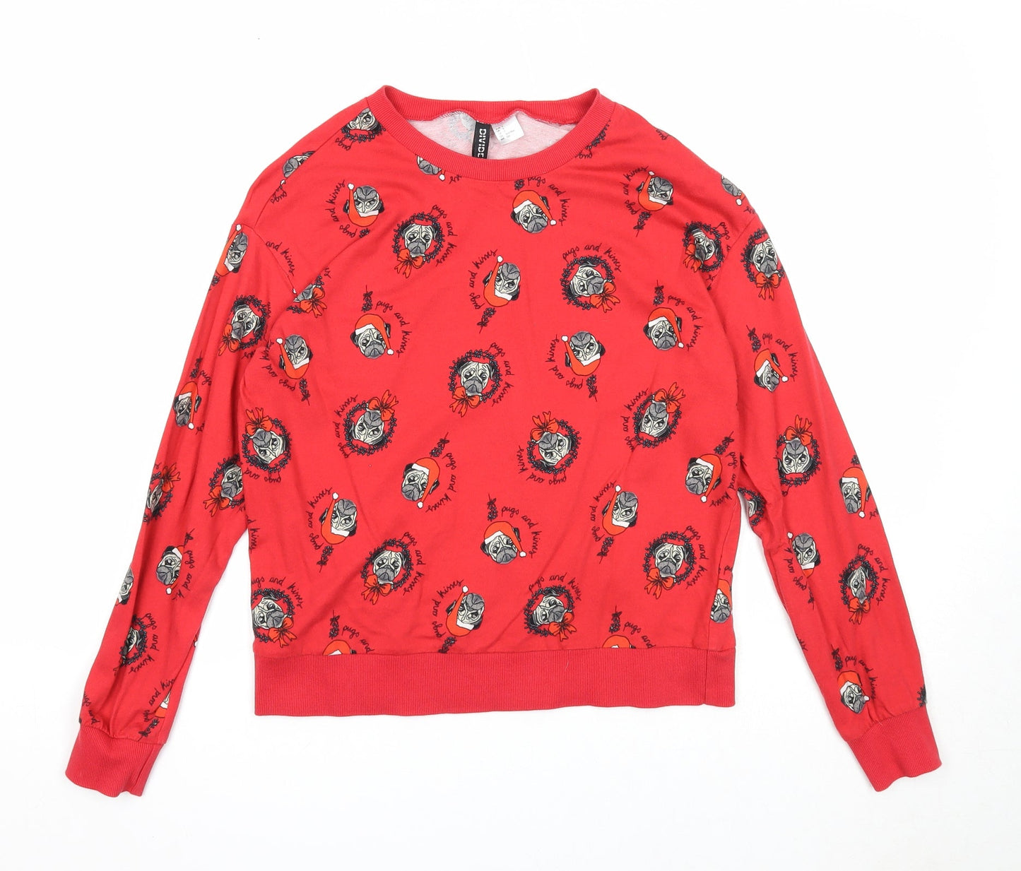 Divided Womens Red Geometric Cotton Pullover Sweatshirt Size S Pullover - Christmas Pug