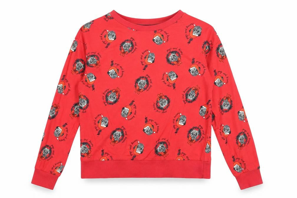 Divided Womens Red Geometric Cotton Pullover Sweatshirt Size S Pullover - Christmas Pug
