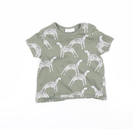 NEXT Boys Green Geometric Cotton Basic T-Shirt Size 0-3 Months Round Neck Snap - Zebra