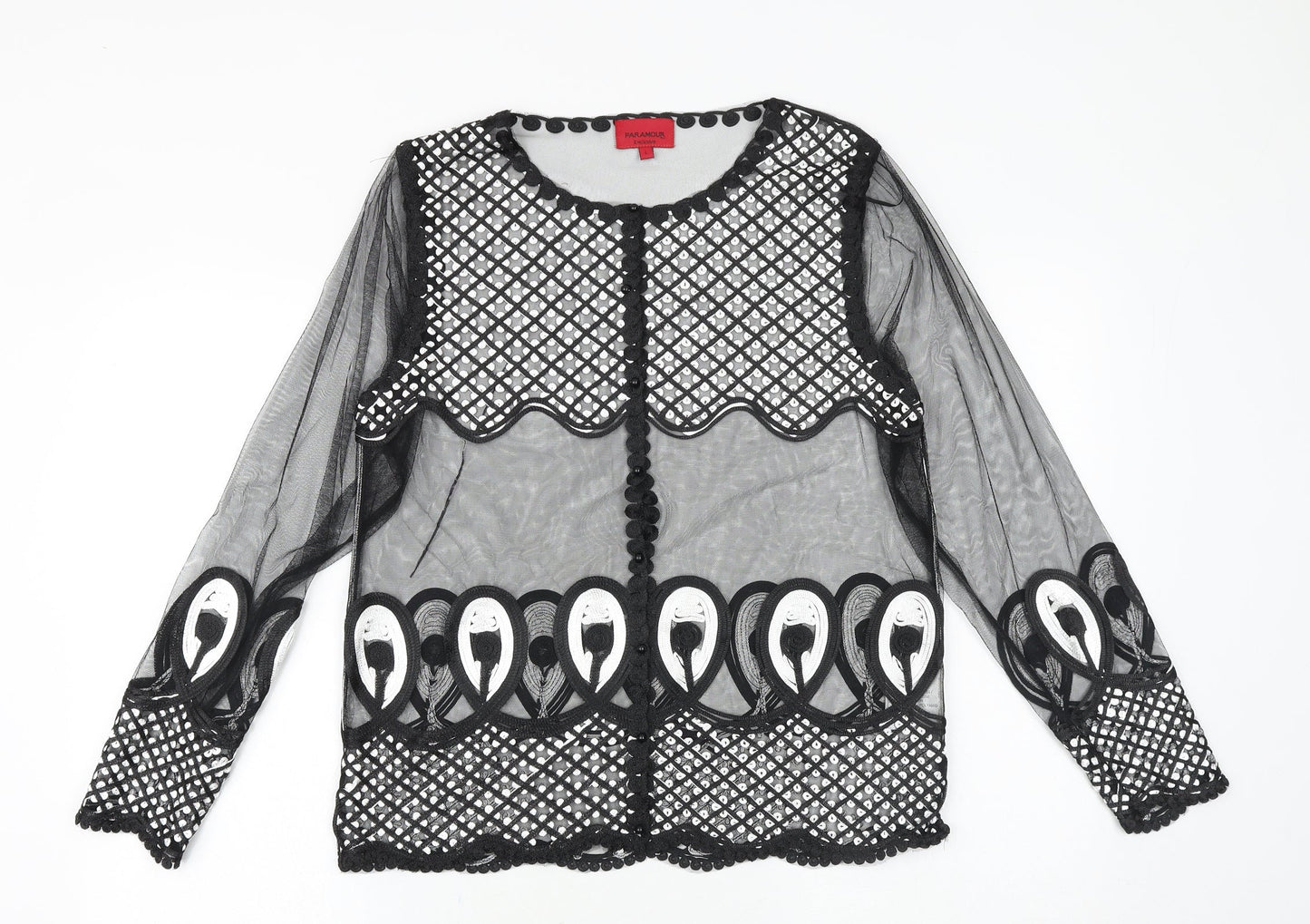 PARAMOUR Womens Black Geometric Viscose Basic Button-Up Size L Round Neck