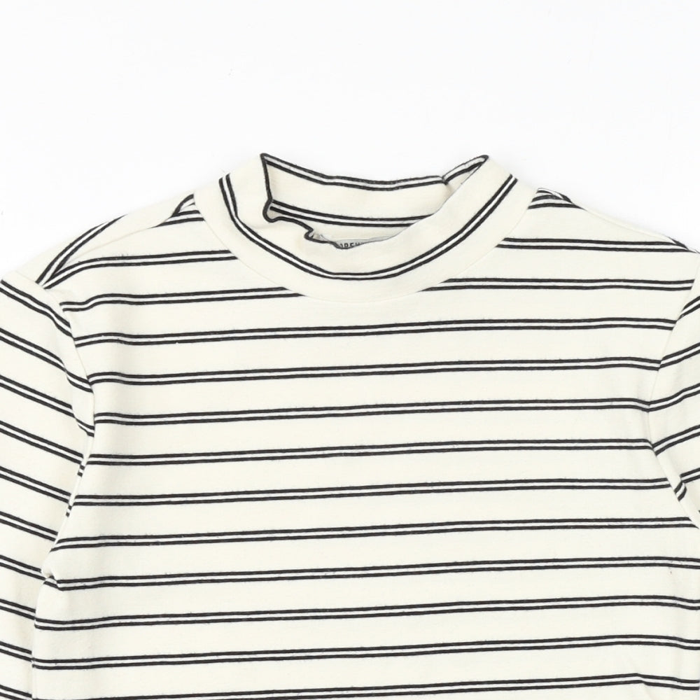 FOREVER 21 Womens Beige Striped Cotton Basic T-Shirt Size M Mock Neck