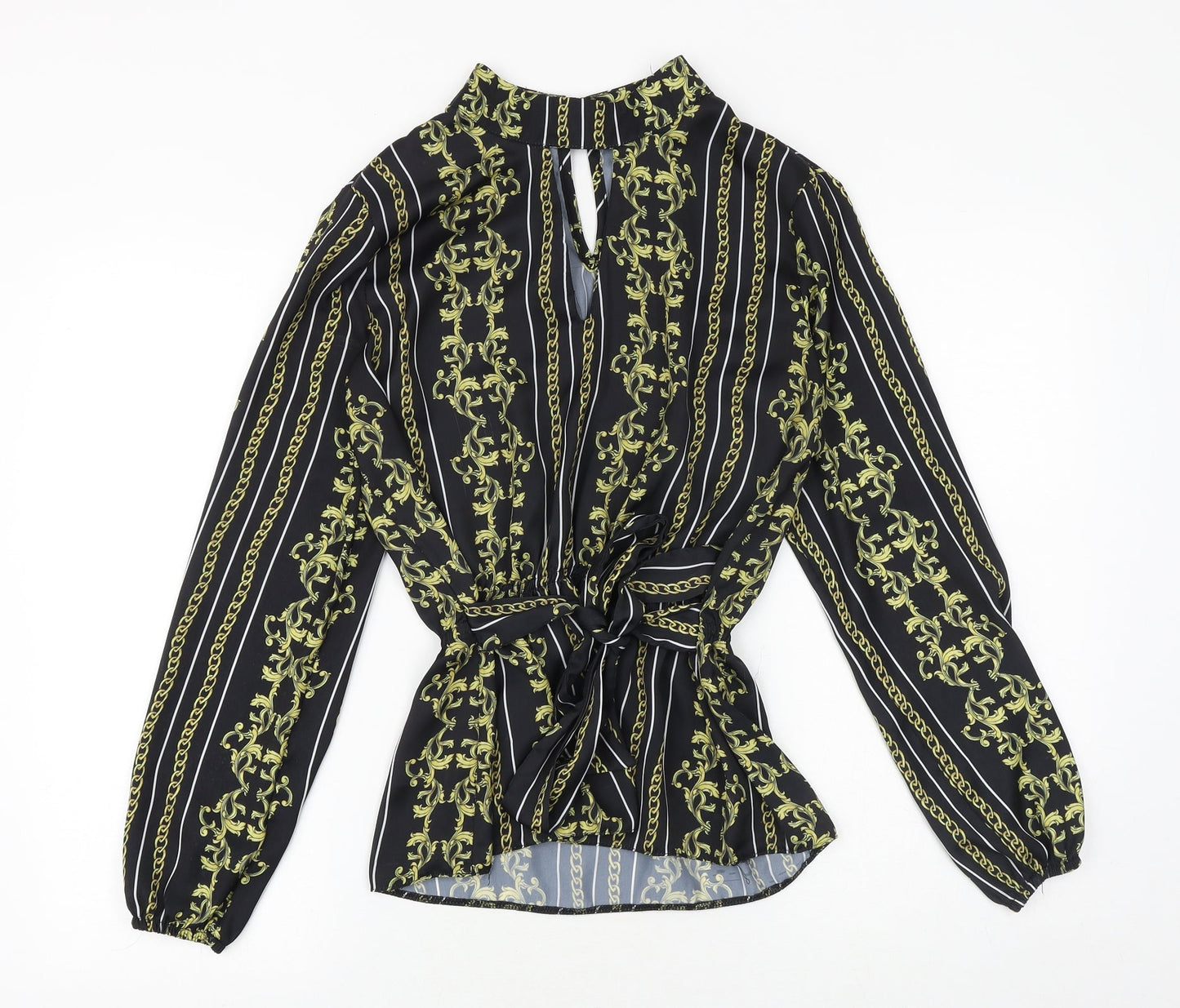 Select Womens Black Geometric Polyester Basic Blouse Size 10 Mock Neck - Keyhole Neck