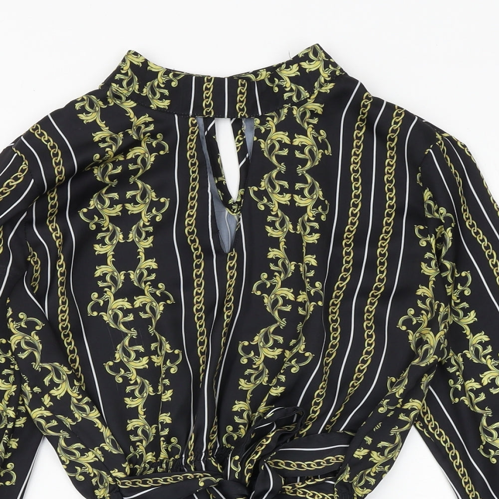 Select Womens Black Geometric Polyester Basic Blouse Size 10 Mock Neck - Keyhole Neck