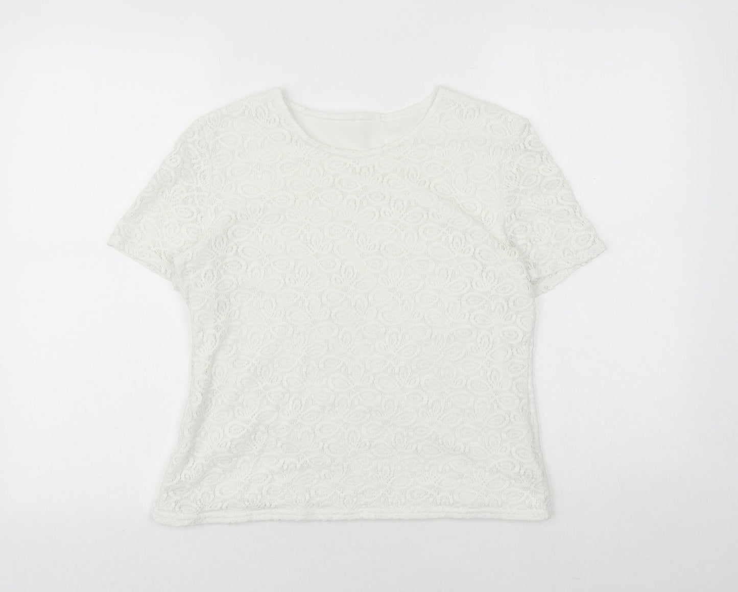 Agenda Womens White Geometric Nylon Basic T-Shirt Size 16 Round Neck