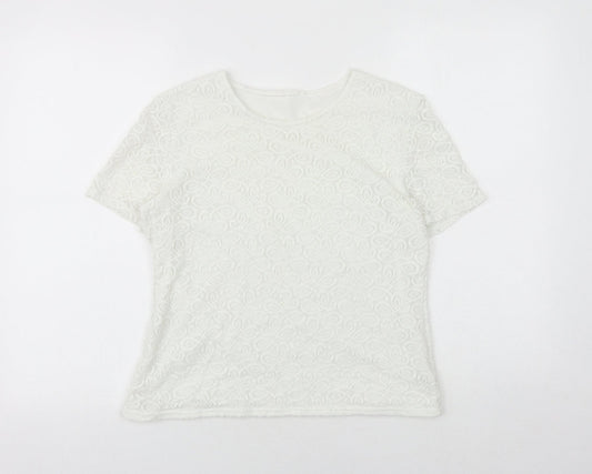 Agenda Womens White Geometric Nylon Basic T-Shirt Size 16 Round Neck