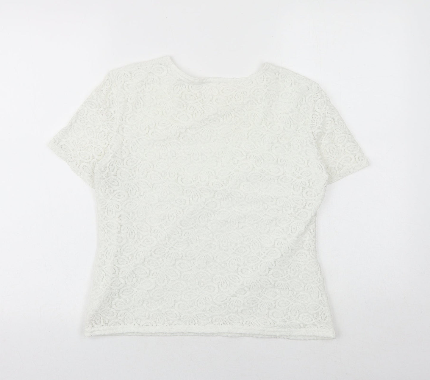 Agenda Womens White Geometric Nylon Basic T-Shirt Size 16 Round Neck