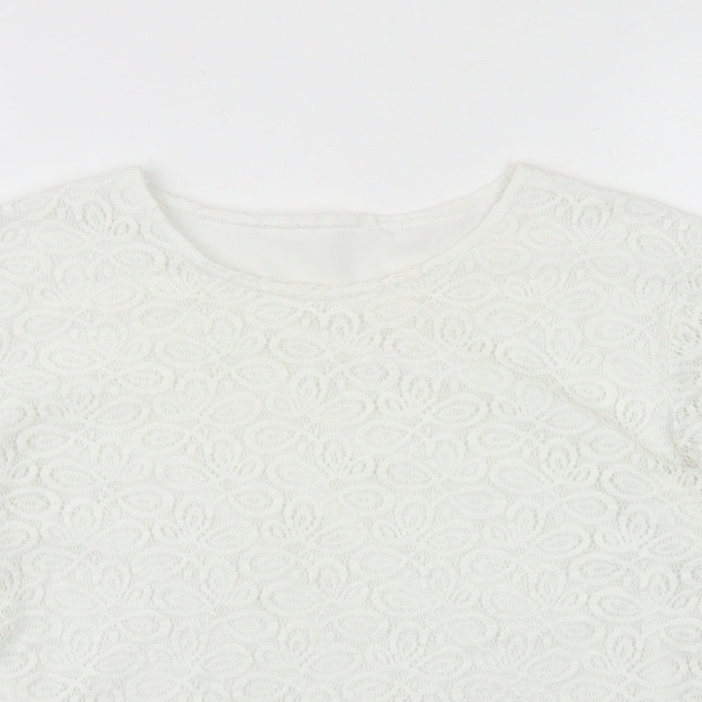 Agenda Womens White Geometric Nylon Basic T-Shirt Size 16 Round Neck