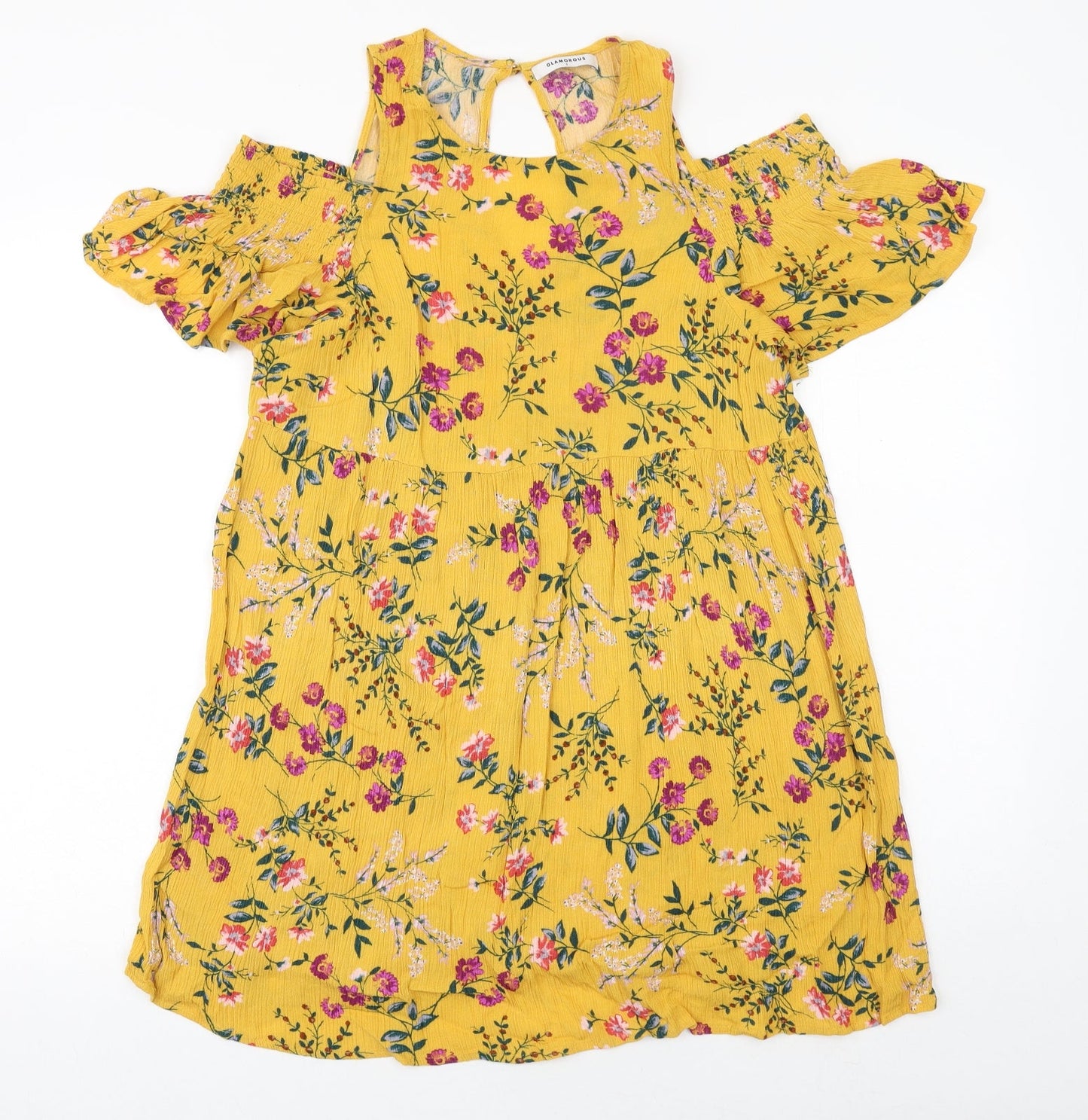 Glamorous Womens Yellow Floral Viscose A-Line Size S Round Neck Button