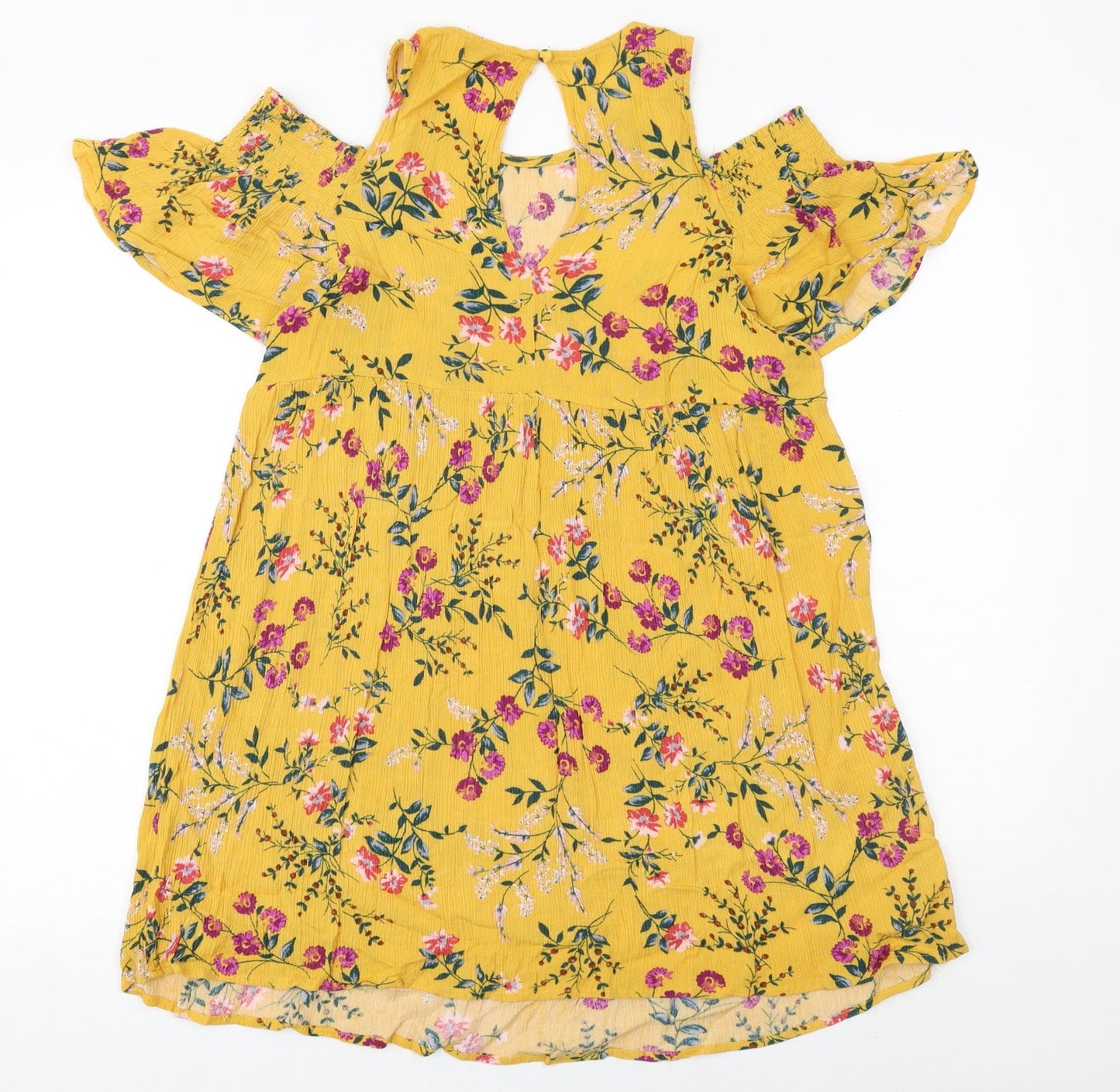 Glamorous Womens Yellow Floral Viscose A-Line Size S Round Neck Button