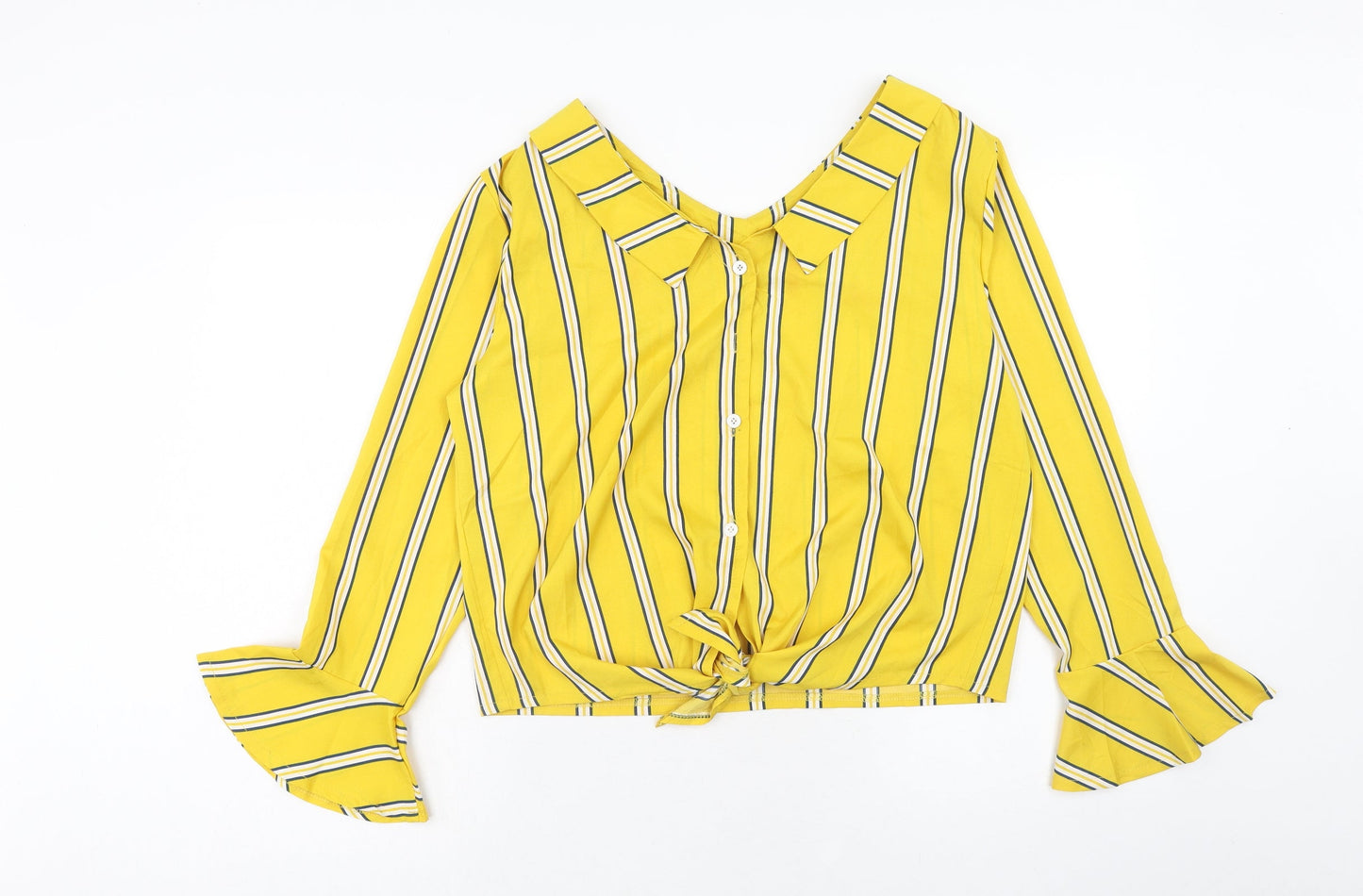 Preworn Womens Yellow Striped Polyester Basic Button-Up Size M Collared