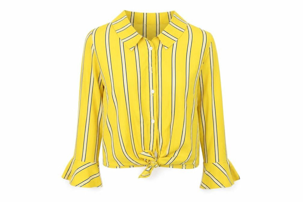 Preworn Womens Yellow Striped Polyester Basic Button-Up Size M Collared