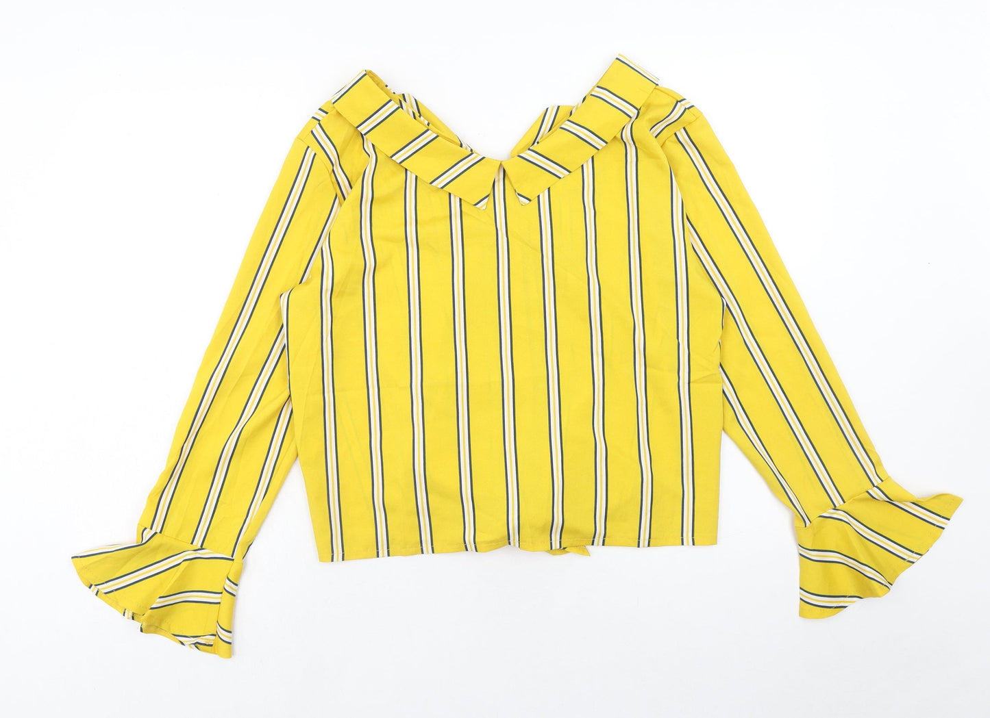 Preworn Womens Yellow Striped Polyester Basic Button-Up Size M Collared