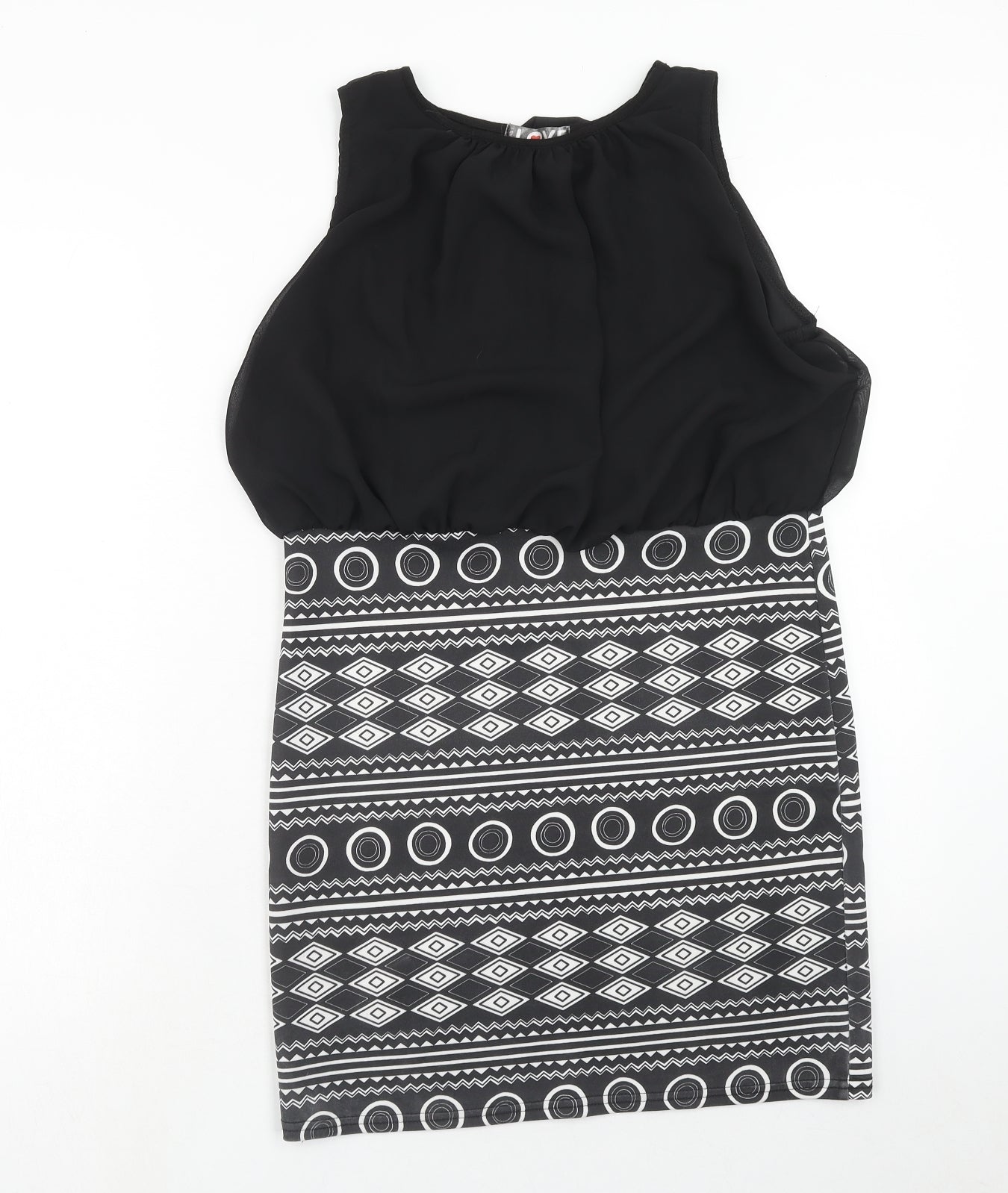 First Love Womens Black Geometric Polyester Shift Size 14 Round Neck Pullover