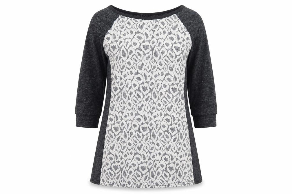 CMD Womens Grey Geometric Polyester Basic Blouse Size 10 Round Neck - Lace Detail