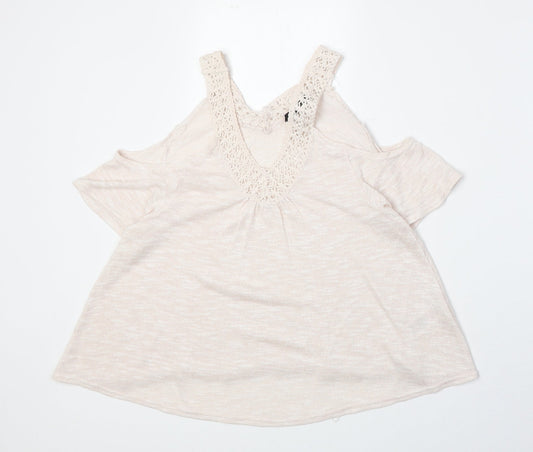 New Look Womens Pink Viscose Basic T-Shirt Size 8 V-Neck - Crocheted Lace Detail Cold Shoulder