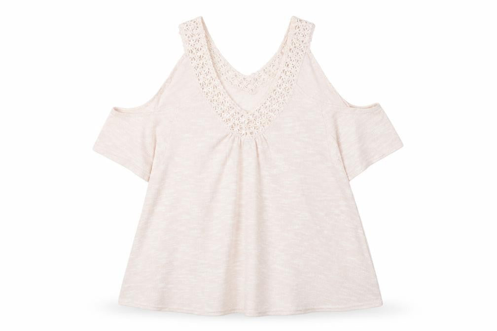 New Look Womens Pink Viscose Basic T-Shirt Size 8 V-Neck - Crocheted Lace Detail Cold Shoulder