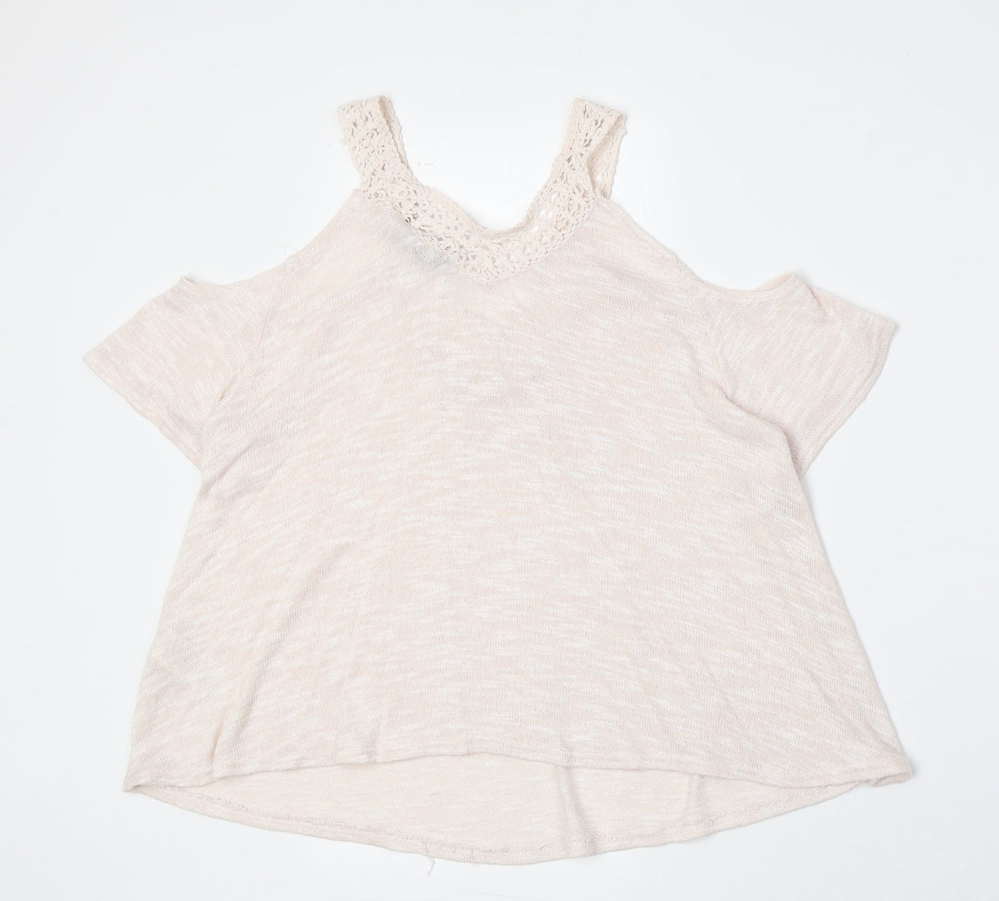 New Look Womens Pink Viscose Basic T-Shirt Size 8 V-Neck - Crocheted Lace Detail Cold Shoulder