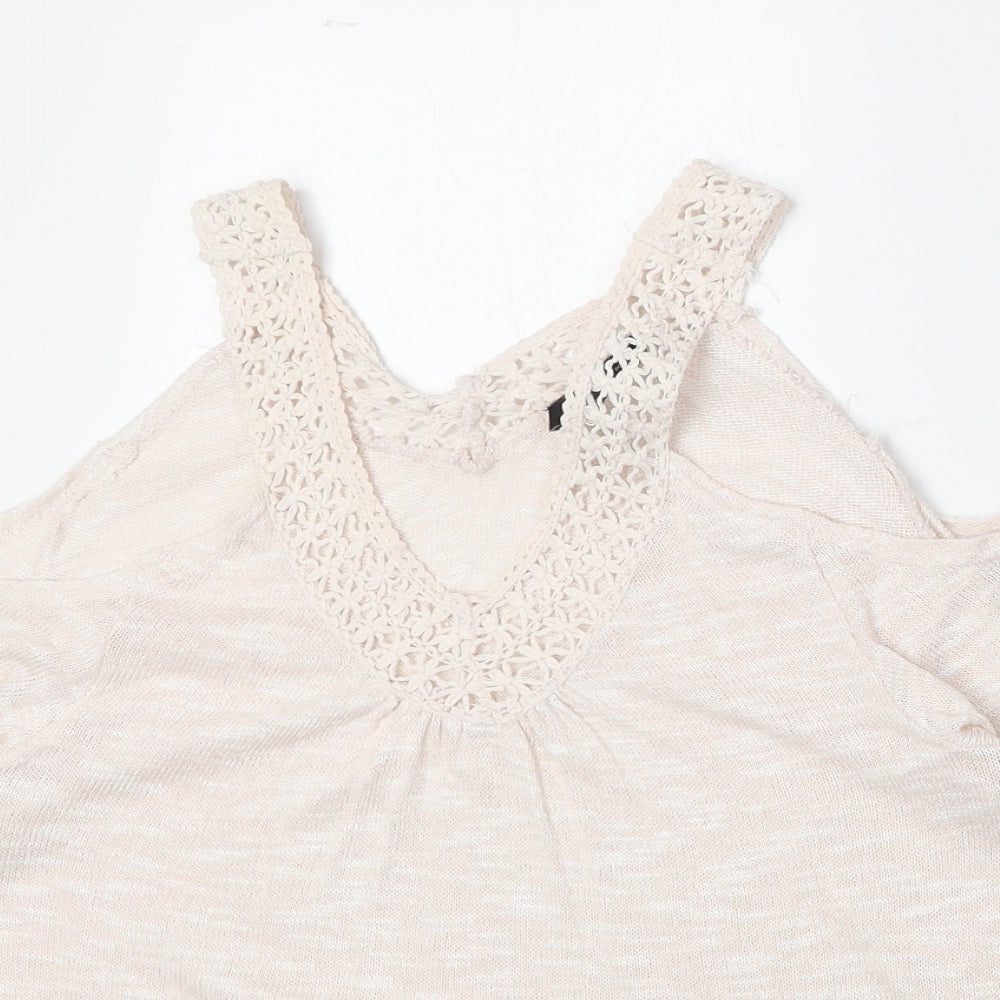 New Look Womens Pink Viscose Basic T-Shirt Size 8 V-Neck - Crocheted Lace Detail Cold Shoulder