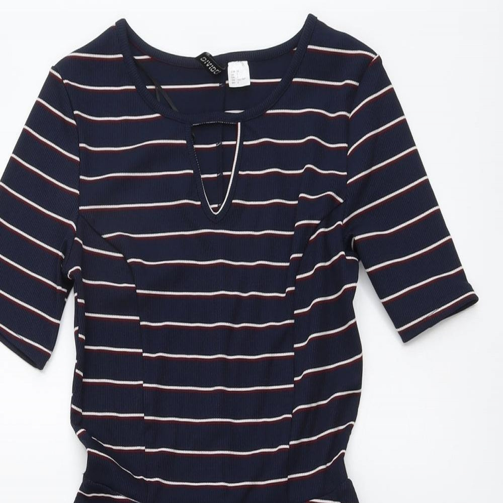 H&M Womens Blue Striped Polyester T-Shirt Dress Size 4 V-Neck Pullover