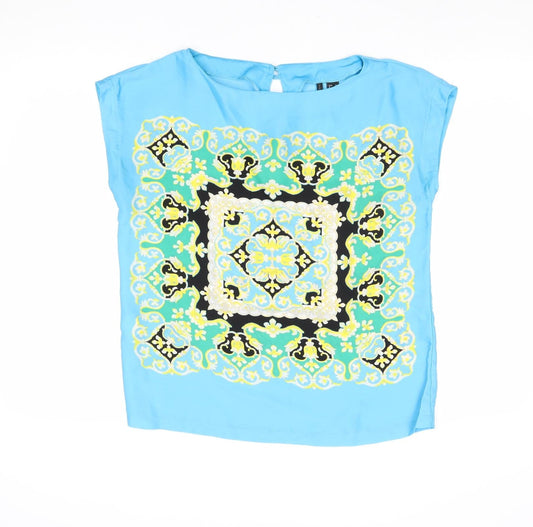 Mango Womens Blue Geometric Polyester Basic Blouse Size M Round Neck