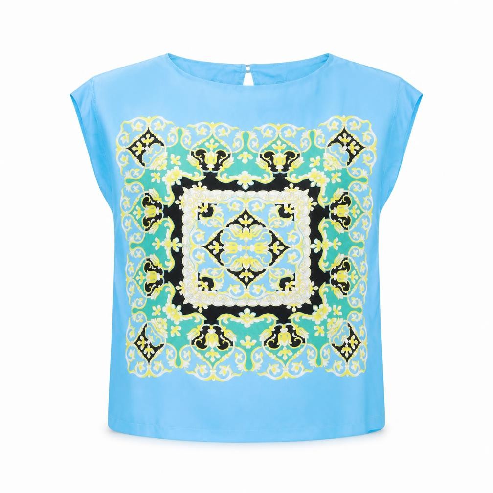 Mango Womens Blue Geometric Polyester Basic Blouse Size M Round Neck