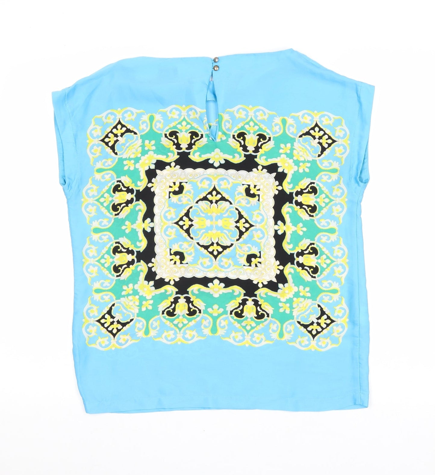 Mango Womens Blue Geometric Polyester Basic Blouse Size M Round Neck