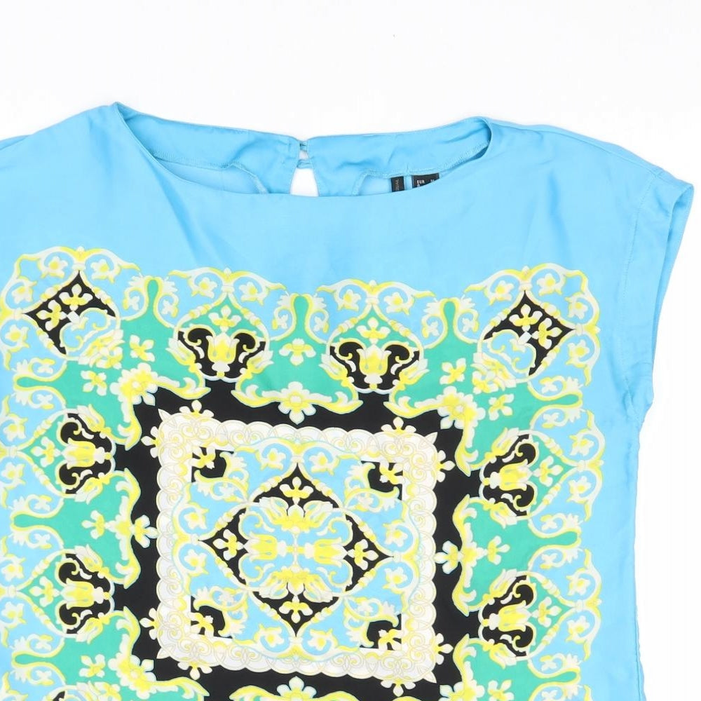 Mango Womens Blue Geometric Polyester Basic Blouse Size M Round Neck