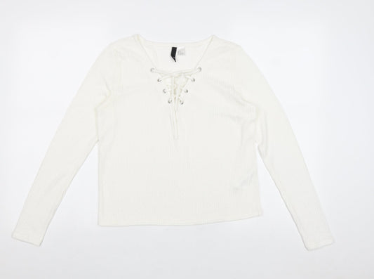 Divided by H&M Womens Ivory Viscose Basic Blouse Size S V-Neck