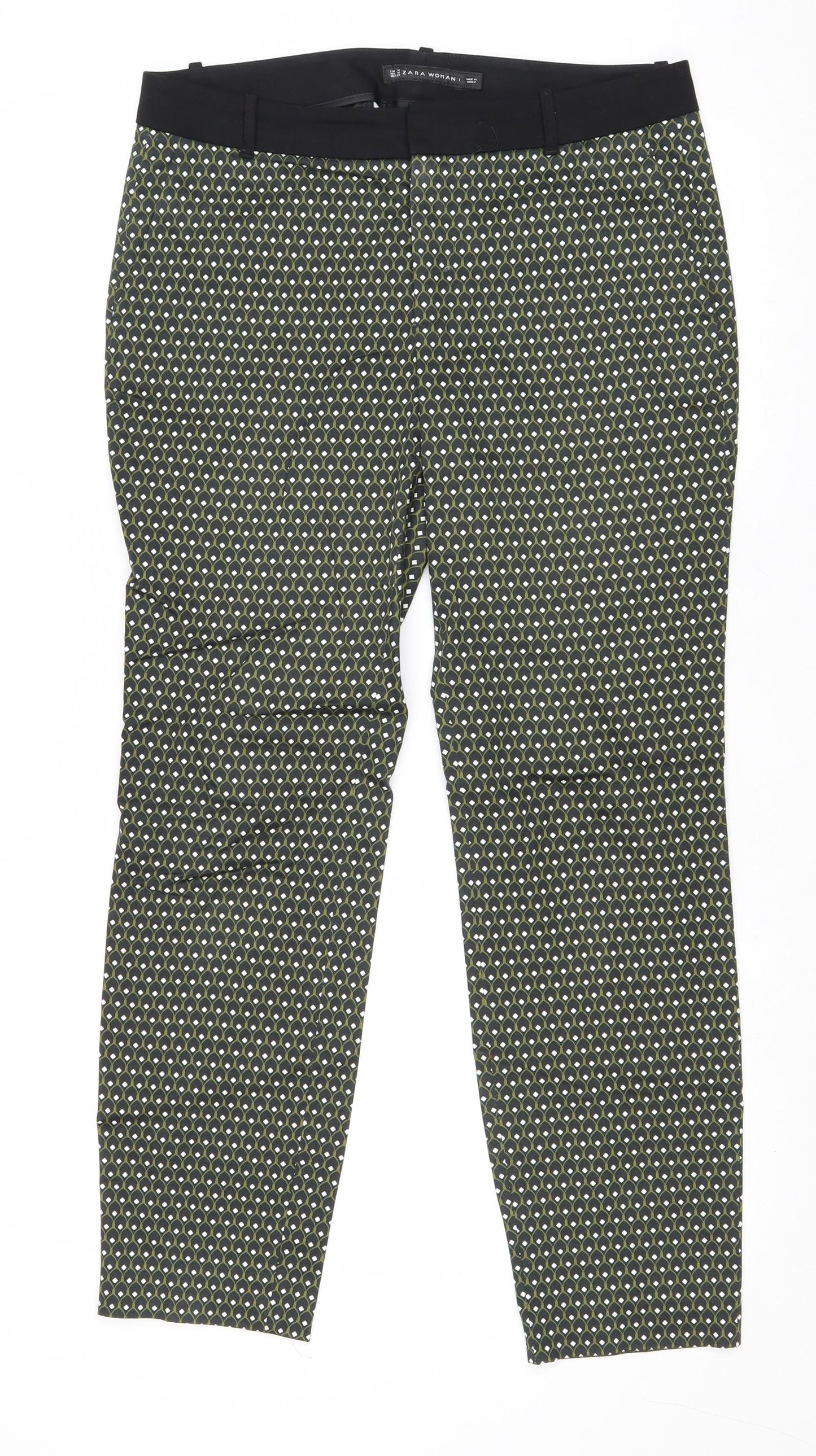 Zara Womens Black Geometric Cotton Trousers Size M Regular Zip