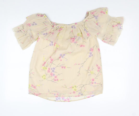 River Island Womens Beige Floral Polyester Basic Blouse Size 8 Boat Neck