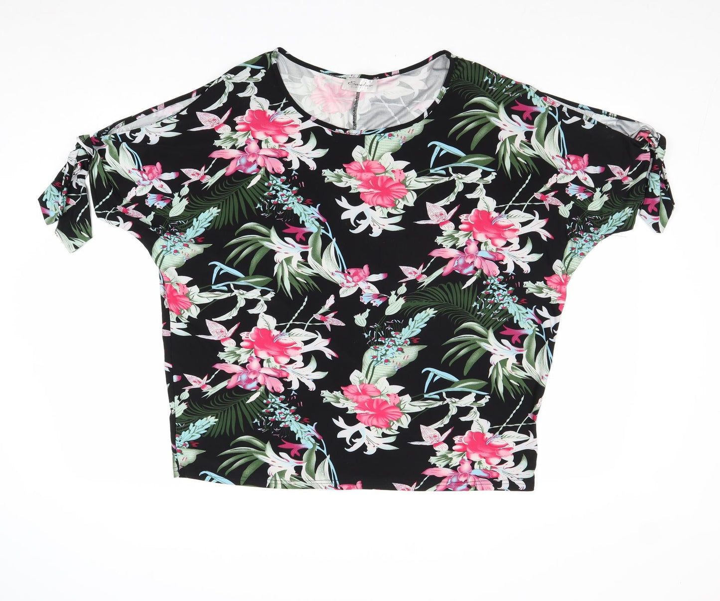 Emeliax Womens Black Floral Polyester Basic T-Shirt Size 16 Round Neck
