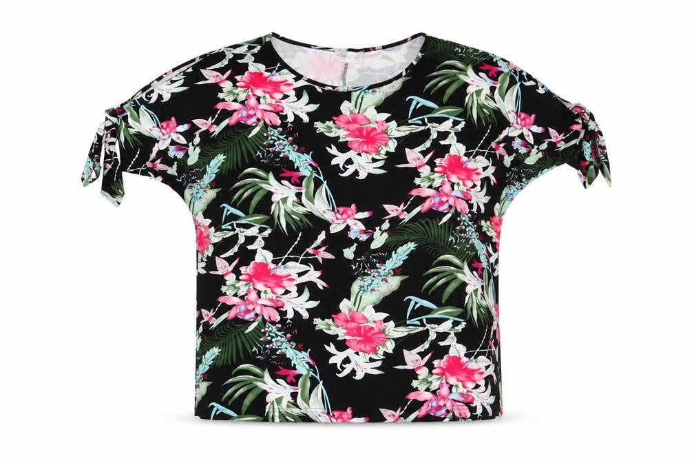 Emeliax Womens Black Floral Polyester Basic T-Shirt Size 16 Round Neck