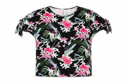 Emeliax Womens Black Floral Polyester Basic T-Shirt Size 16 Round Neck
