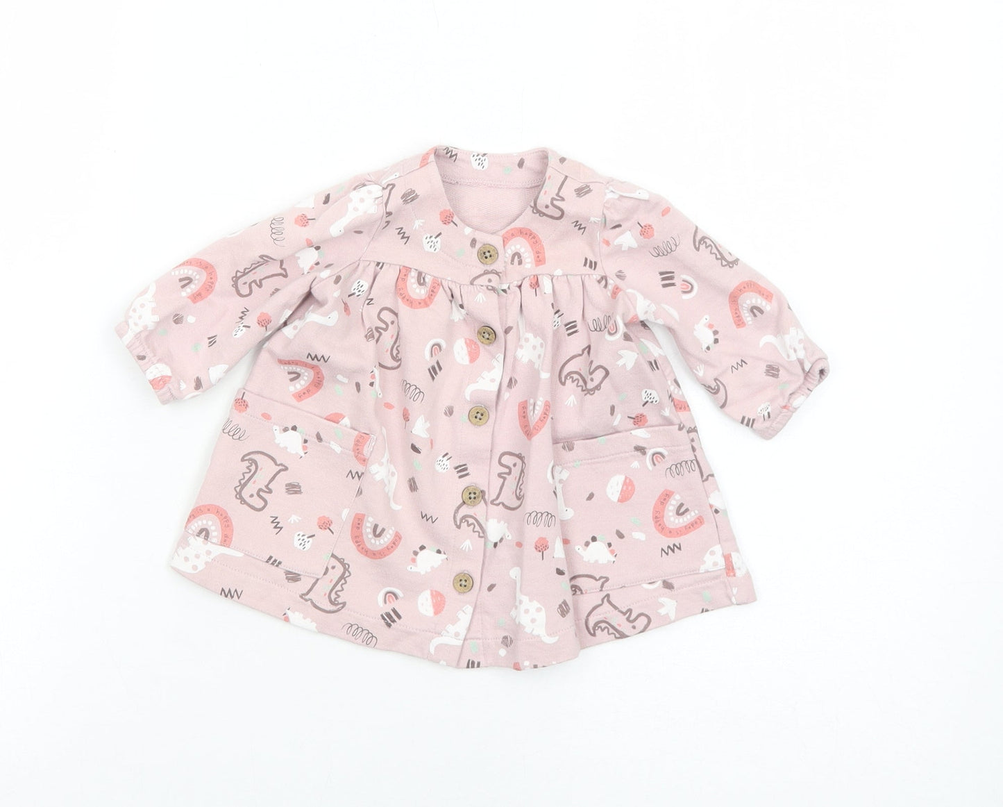 Nutmeg Girls Pink Geometric Cotton A-Line Size 0-3 Months Round Neck Button - Dinosaur