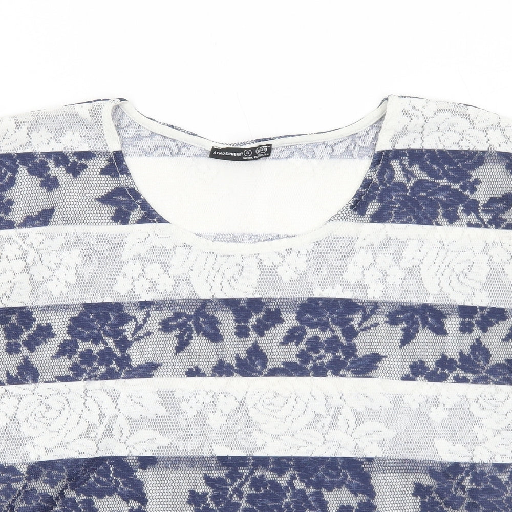 Atmosphere Womens Blue Geometric Polyester Basic Blouse Size 8 Round Neck