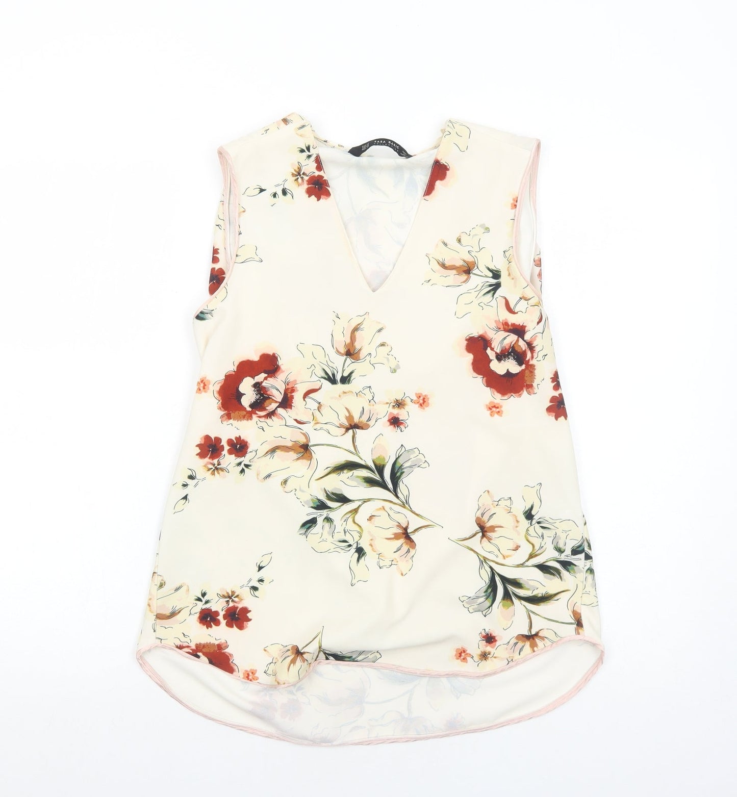 Zara Womens Ivory Floral Polyester Basic Tank Size XS V-Neck - Open Back