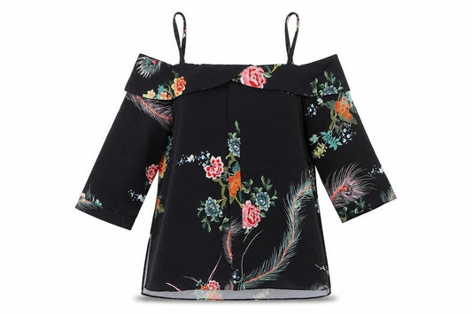 River Island Womens Black Floral Polyester Basic Blouse Size 8 Boat Neck