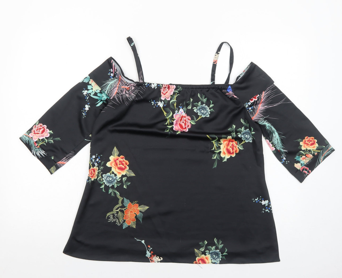 River Island Womens Black Floral Polyester Basic Blouse Size 8 Boat Neck