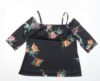 River Island Womens Black Floral Polyester Basic Blouse Size 8 Boat Neck