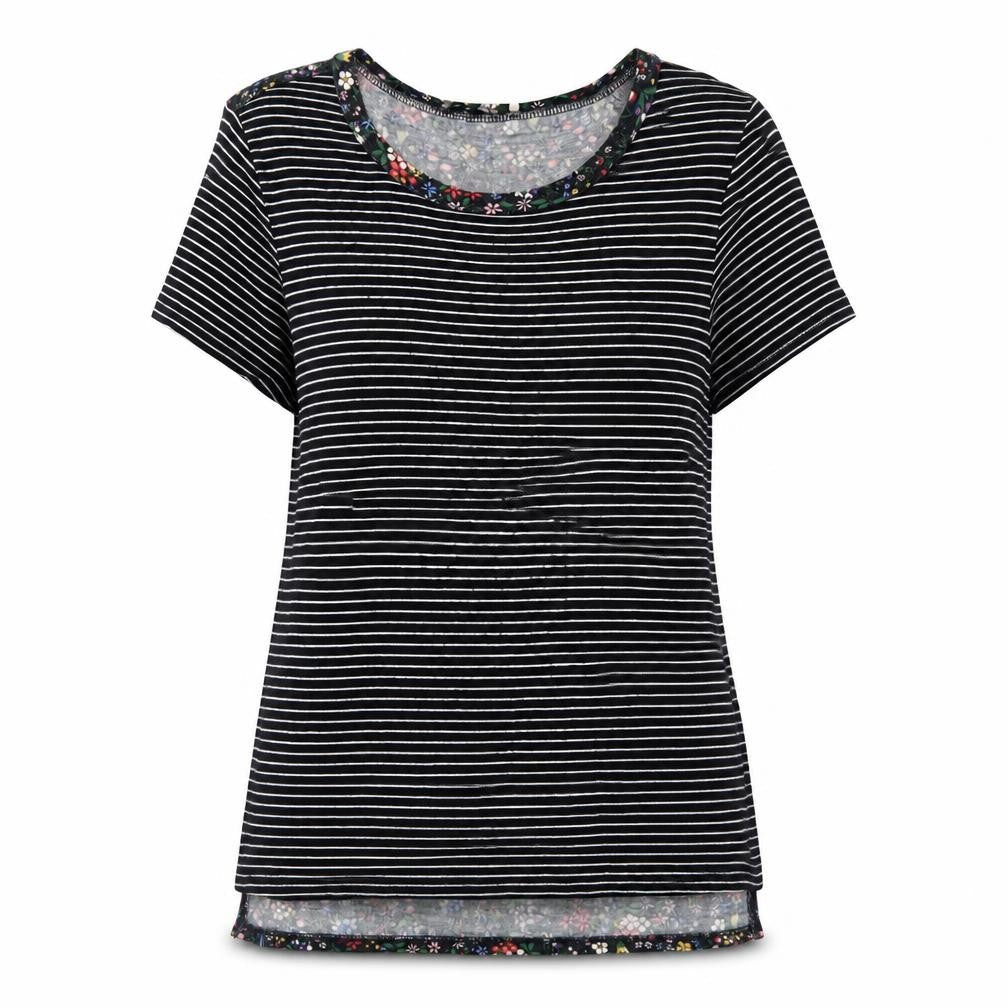 Oasis Womens Black Striped Viscose Basic T-Shirt Size S Round Neck