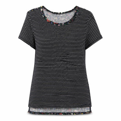 Oasis Womens Black Striped Viscose Basic T-Shirt Size S Round Neck