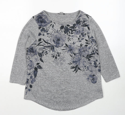 Roman Womens Grey Round Neck Floral Polyester Pullover Jumper Size 10