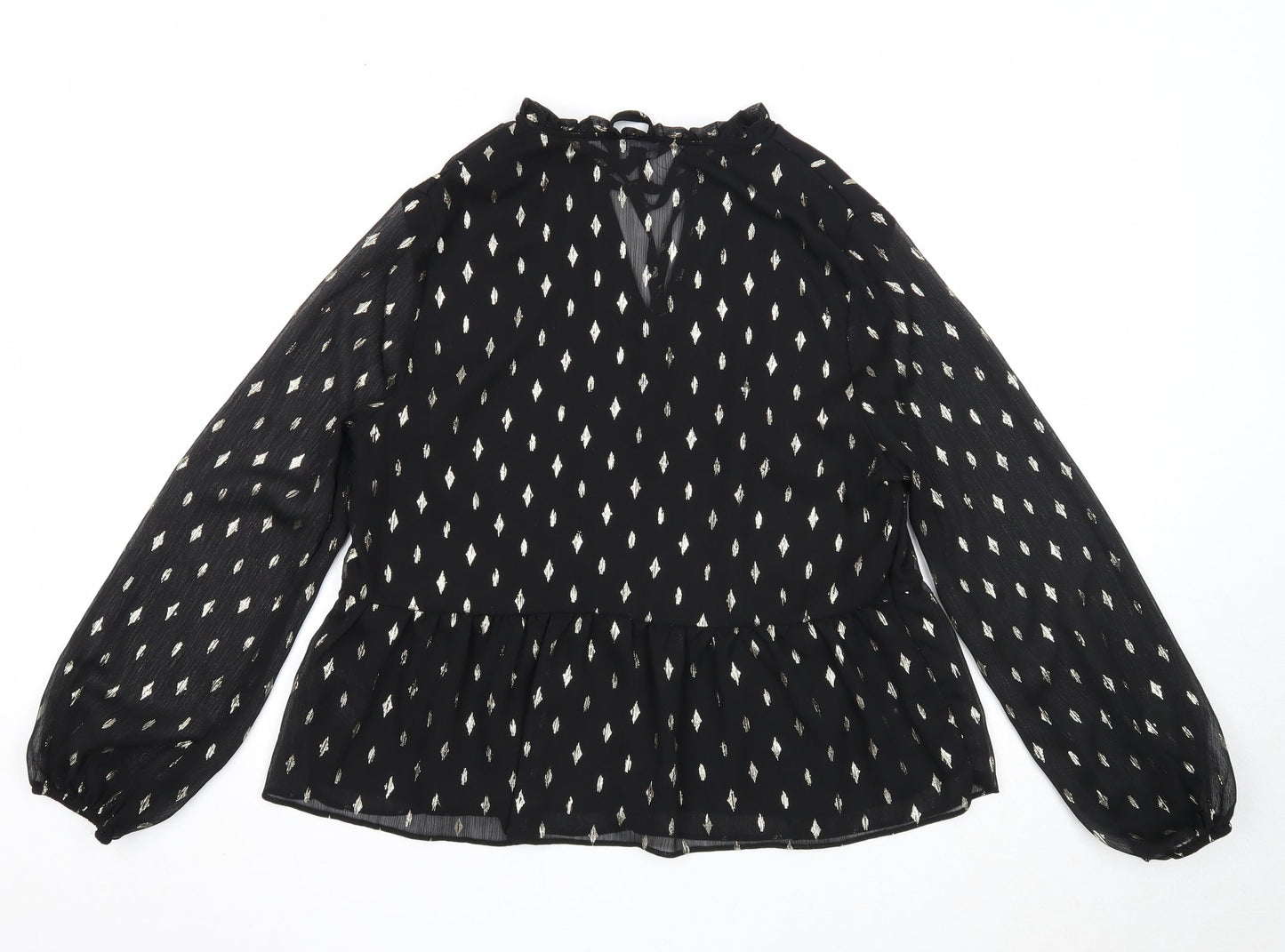 New Look Womens Black Geometric Polyester Basic Blouse Size 12 V-Neck