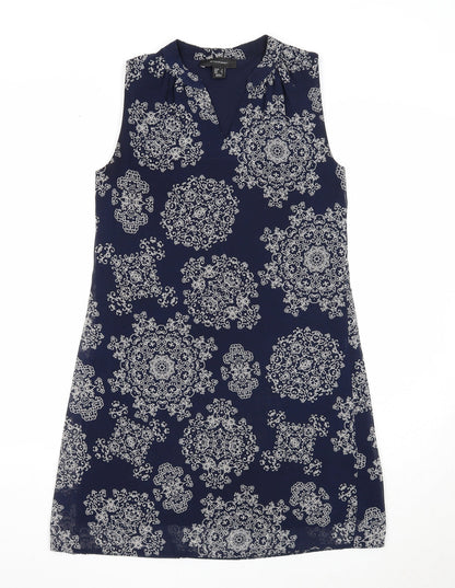 Preloved Atmosphere Womens Blue Geometric Polyester A-Line Size 6 V-Neck Pullover - Front