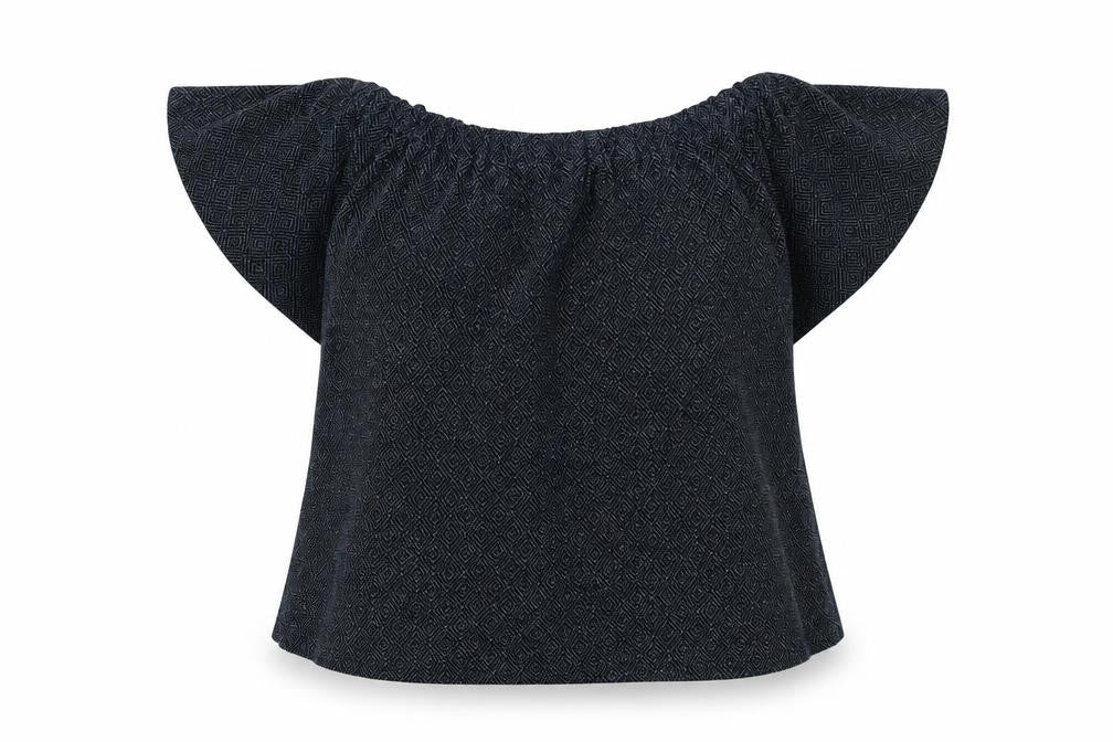 Papaya Womens Blue Geometric Polyamide Basic Blouse Size 10 Off the Shoulder