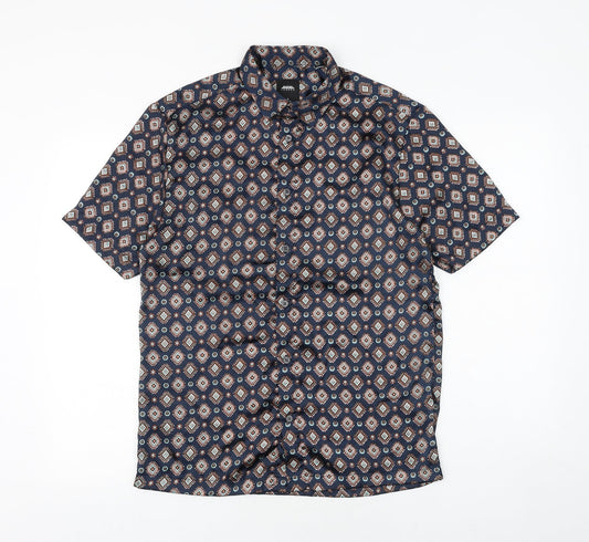 Burton Mens Blue Geometric Polyester Button-Up Size S Collared Button